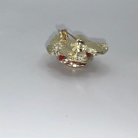 Red Rose Enamel Rhinestone Brooch Pin Gold-Tone 1.25" Floral Statement - Picture 5 of 6